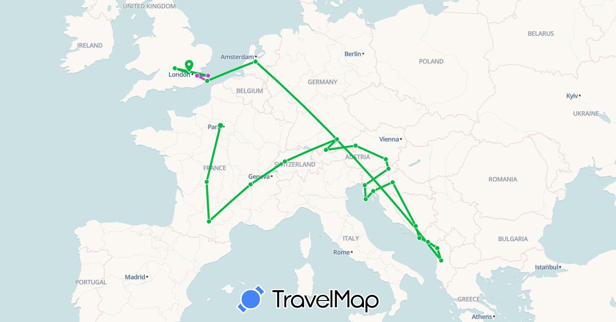 TravelMap itinerary: driving, bus, train in Albania, Austria, Bosnia and Herzegovina, Switzerland, Germany, France, United Kingdom, Croatia, Italy, Montenegro, Netherlands, Slovenia (Europe)
